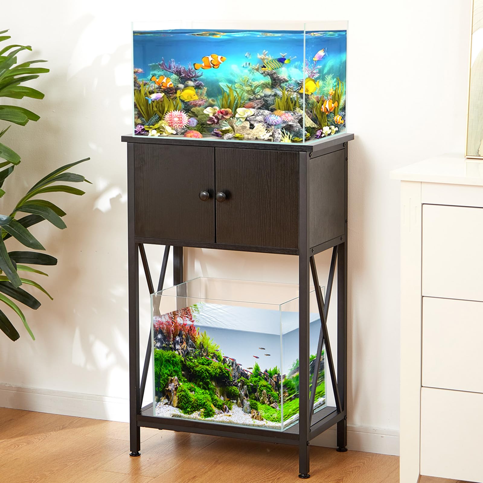 LAQUAL 10 Gallon Fish Tank Stand with Cabinet, Double Aquarium Stand for 10 & 5 Gallon Fish Tank, Heavy Metal Stand with Stable 