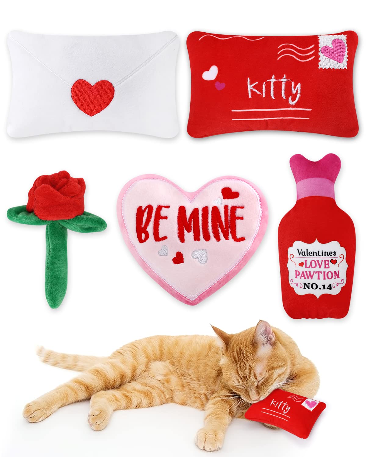 CiyvoLyeen Valentines Day Catnip Toys Set of 5 Soft Valentine Letter Plush Cat Toys Interactive Catnip Filled Kitty Supplies fo