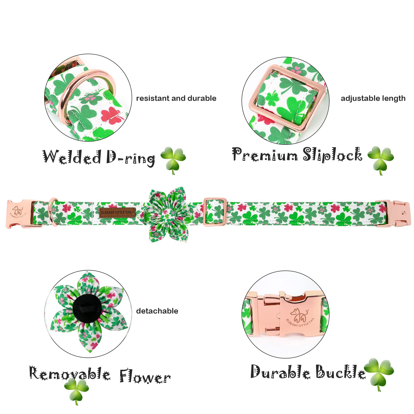 Elegant Little Tail Lucky Clover Dog Collar, Cute Detachable Dog Collar With Flower, Gift Pet Collar Adjustable Dog Collar For Medium Dogs