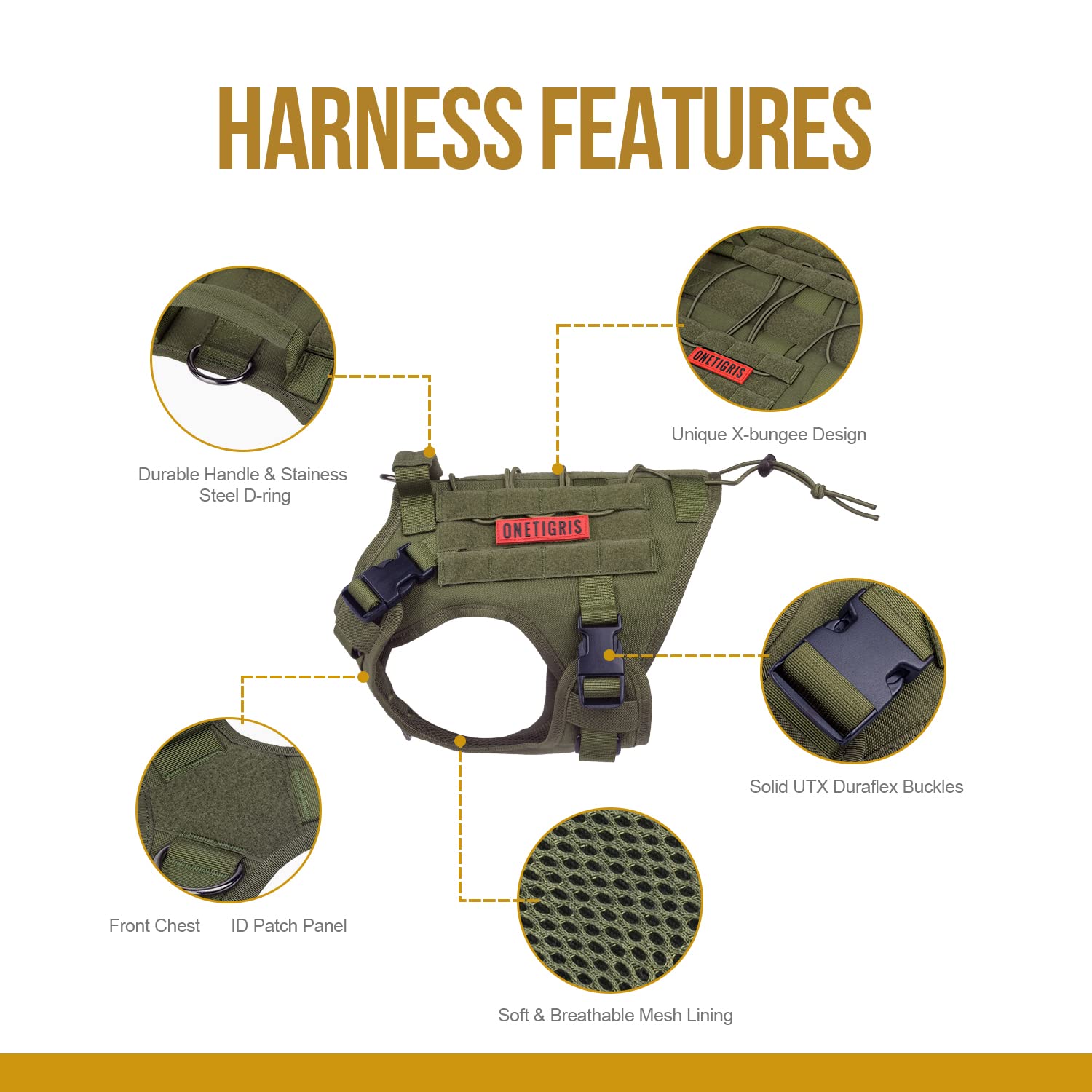 OneTigris Dog Harness, Tactical Dog Harness No-Pull Breathable Adjustable Pet Vest with Handle for Outdoor Walking(Ranger Green,