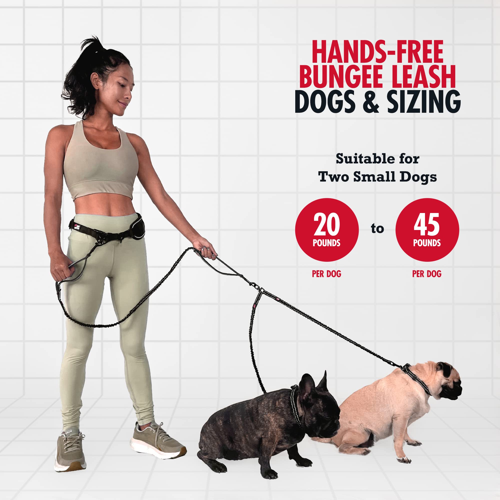 Tuff Pupper Heavy Duty Hands Free Dog Leash | Two Small/Medium Dogs Up To 90 Lbs | Comfortable Shock Absorbing Bungee | Reflecti