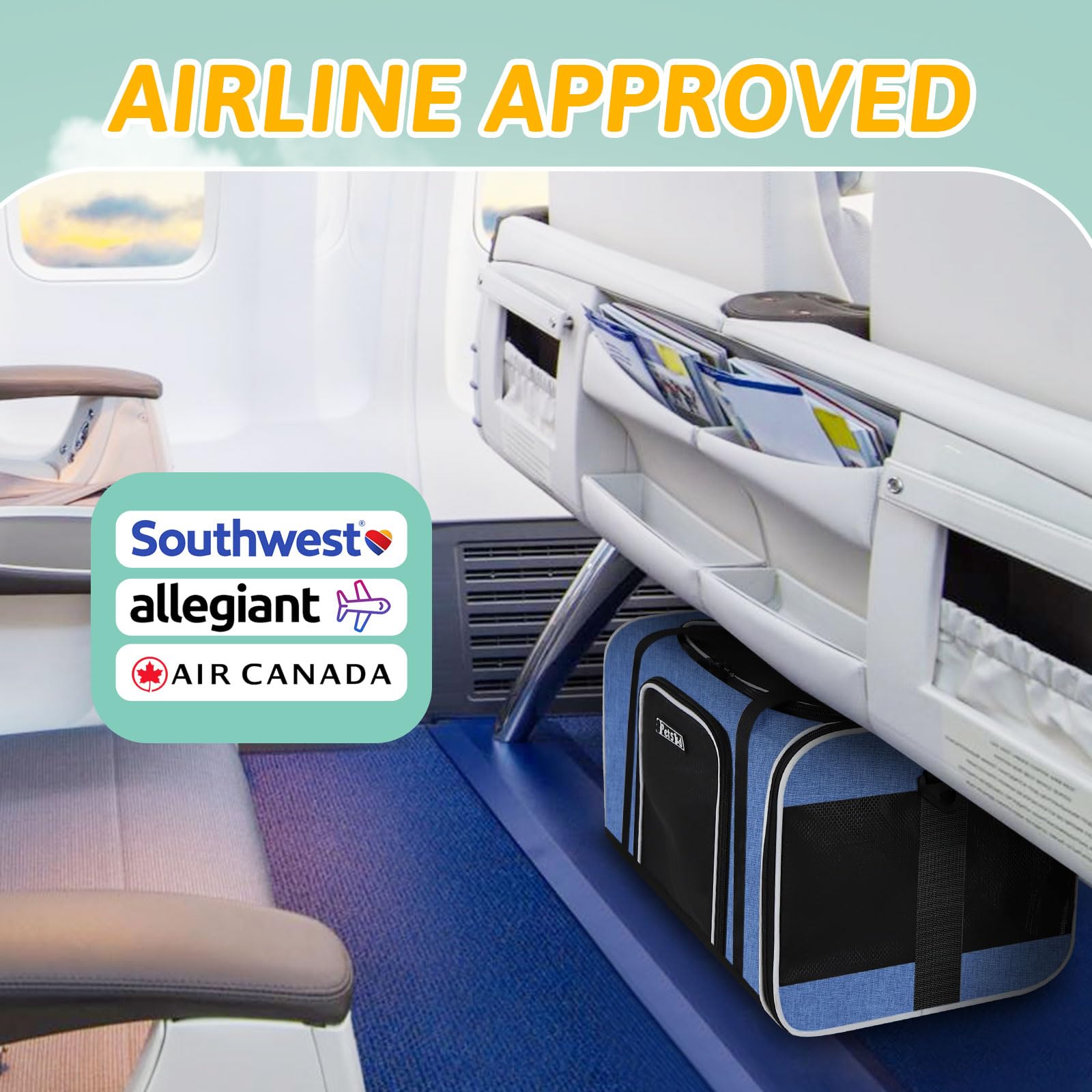 Petskd Pet Carrier 17X13X9.5 Southwest Airline Approved, Pet Travel Carrier Bag For Small Cats And Dogs, Soft Dog Carrier For 1-15 Lbs Pets,Dog Cat Carrier With Safety Lock Zipper (Blue)