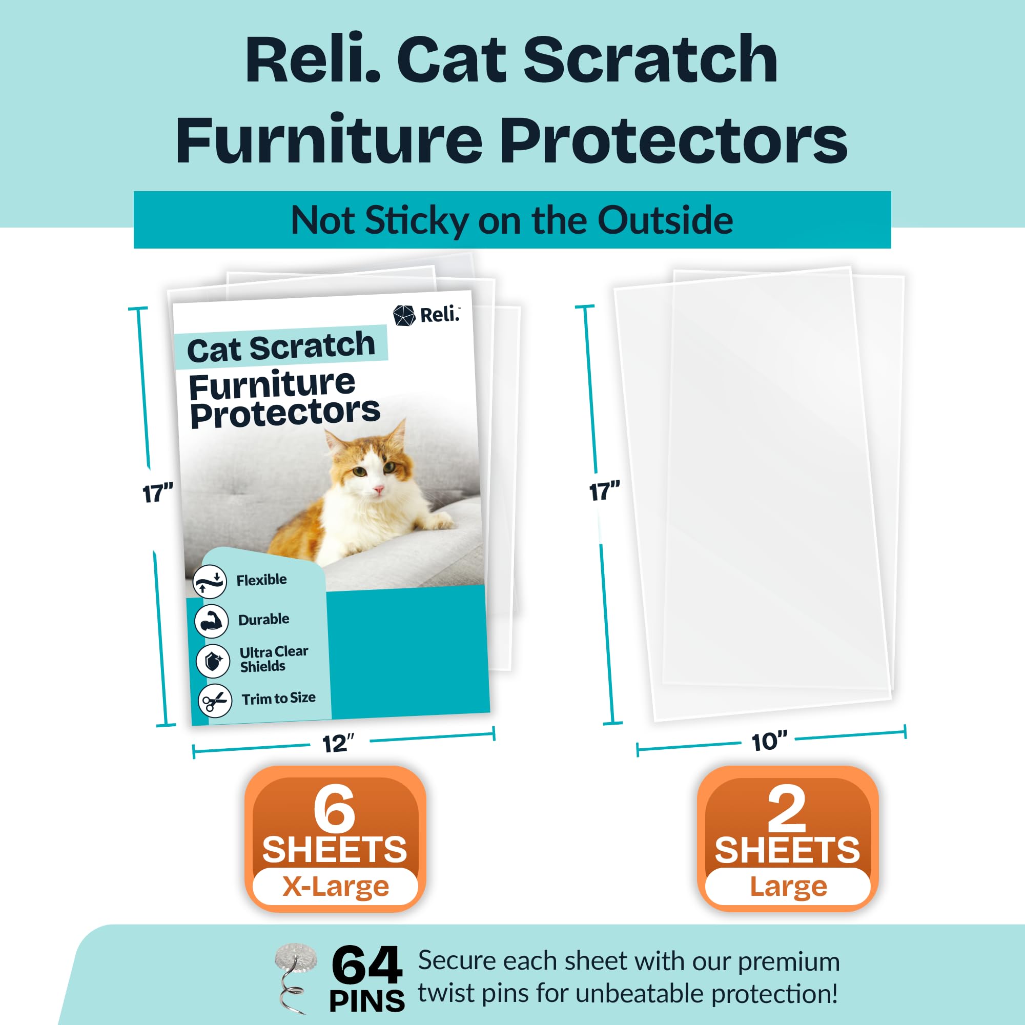 Reli. Cat Scratch Furniture Protector (8 Pack W/Pins) Xl | Cat Couch Protector From Claws | Clear Plastic Anti Scratch Furniture