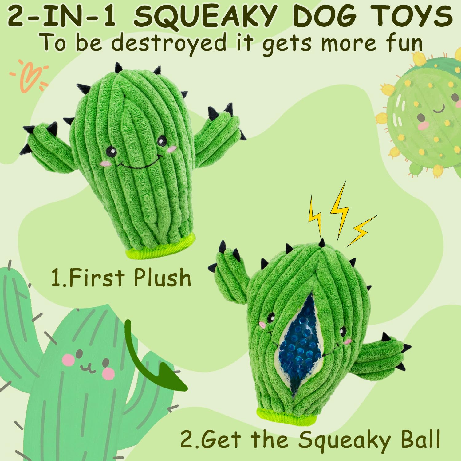Maoooob No Stuffing 3 Pack Squeaky Dog Toys- 2 In 1 Interactive Plush Dog Toy- Cactus Shaped Rip And Reveal Toy For Puppies- Per