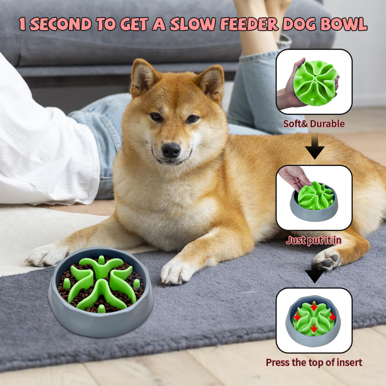 Slow Feeder Dog Bowls Insert, Silicone Dog Slow Feeder Bowl With Strong Suction Cups Perfect For Stainless Steel Glass Ceramic D