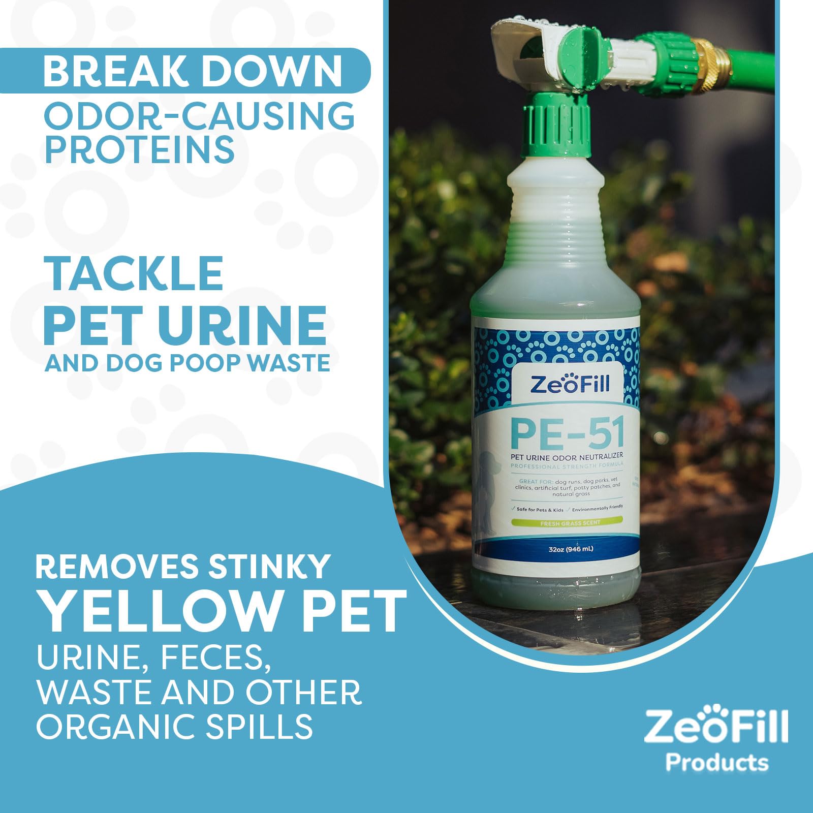 Zeofill Pe-51 Pet Odor Eliminator – Urine Odor Neutralizer With Max Flow Garden Hose Spray Nozzle | Pet, Turf & Yard Smell Remover | Cat & Dog Pee Deodorizer Spray | All Natural Enzymes | 32Oz Bottle