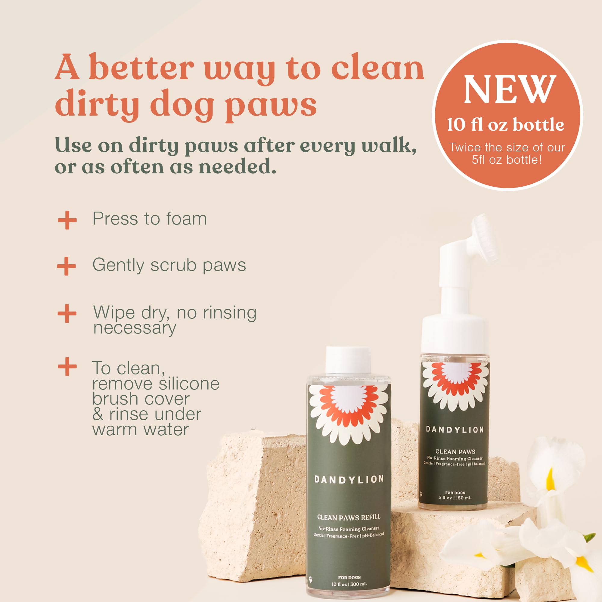 Dandylion Clean Paws No-Rinse Foaming Cleanser Refill - Gentle, Fragrance-Free, Ph-Balanced For Dogs, 10 Fl Oz