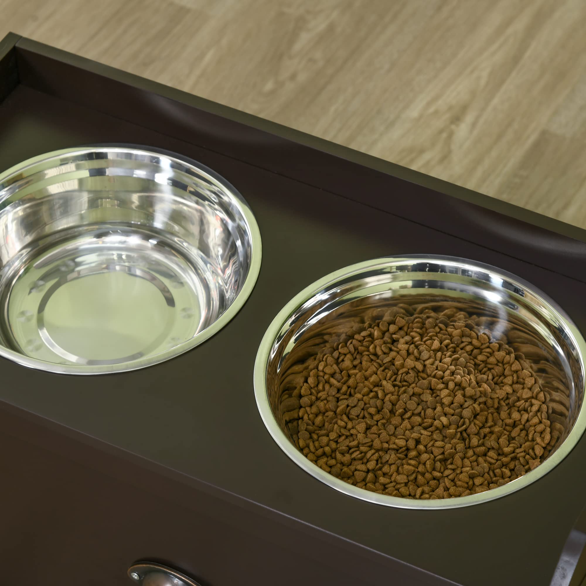 PawHut Dog Feeding Station with Storage Drawer, Dog Food Storage Cabinet with 2 Removable Elevated Dog Bowls for Large Sized Dog