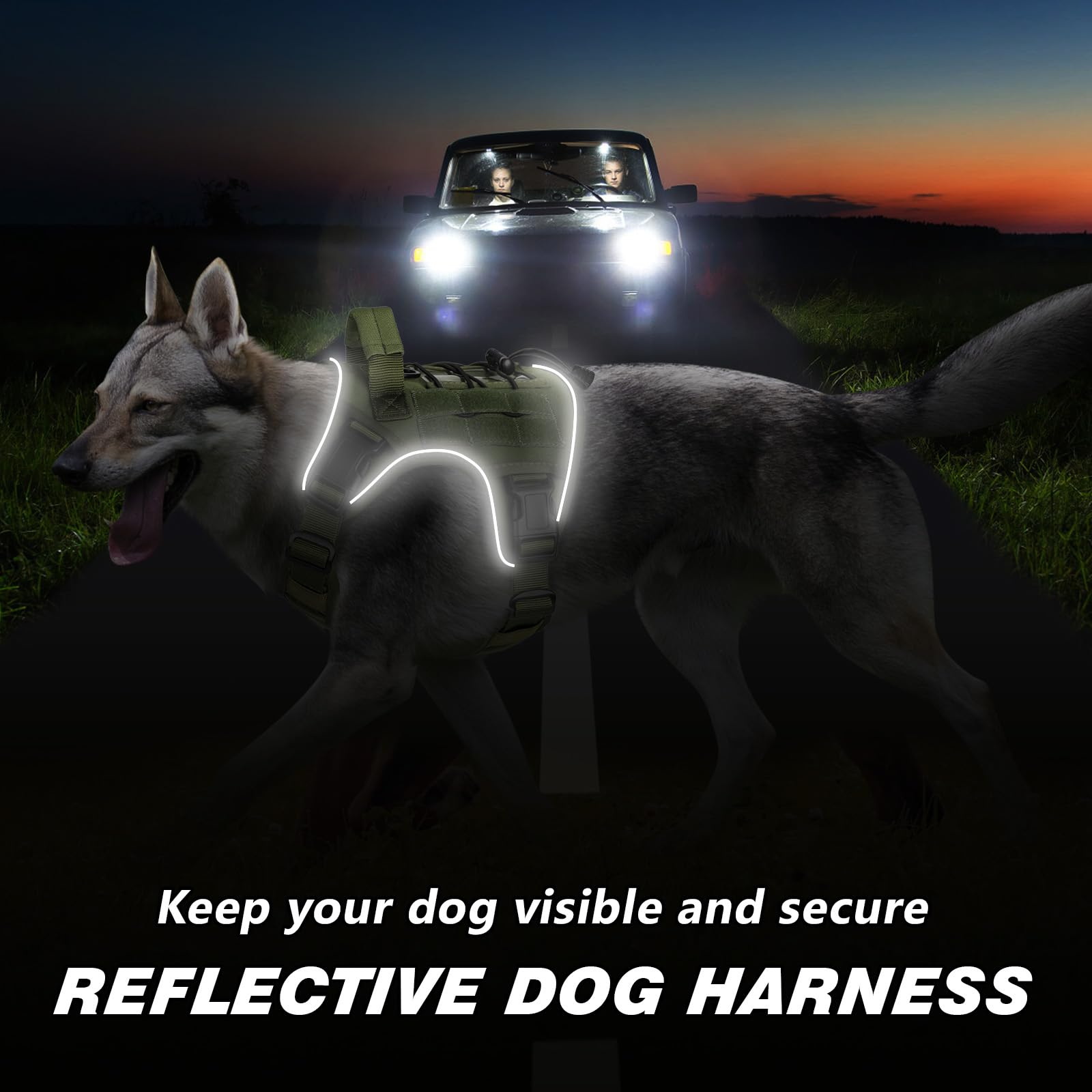 Wingoin Green Harness With Handle Tactical Dog Harness Vest For Large Medium Dogs No Pull Adjustable Reflective K9 Military Dog Vest Harnesses For Walking, Hiking, Training(M)