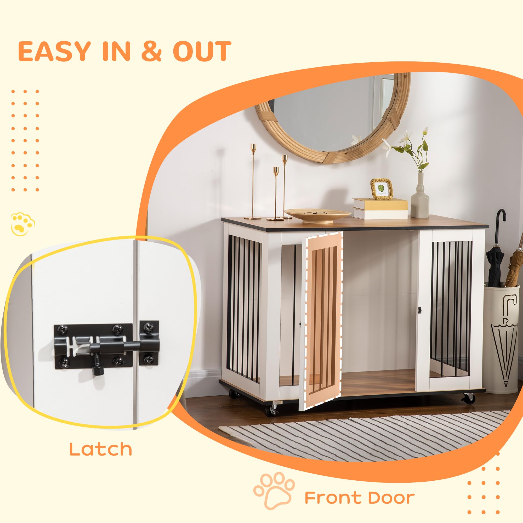 PawHut Dog Cage End Table - Lockable Door, Engineered Wood, 106cm L x 60cm W x 82cm H, White, Model D02-086