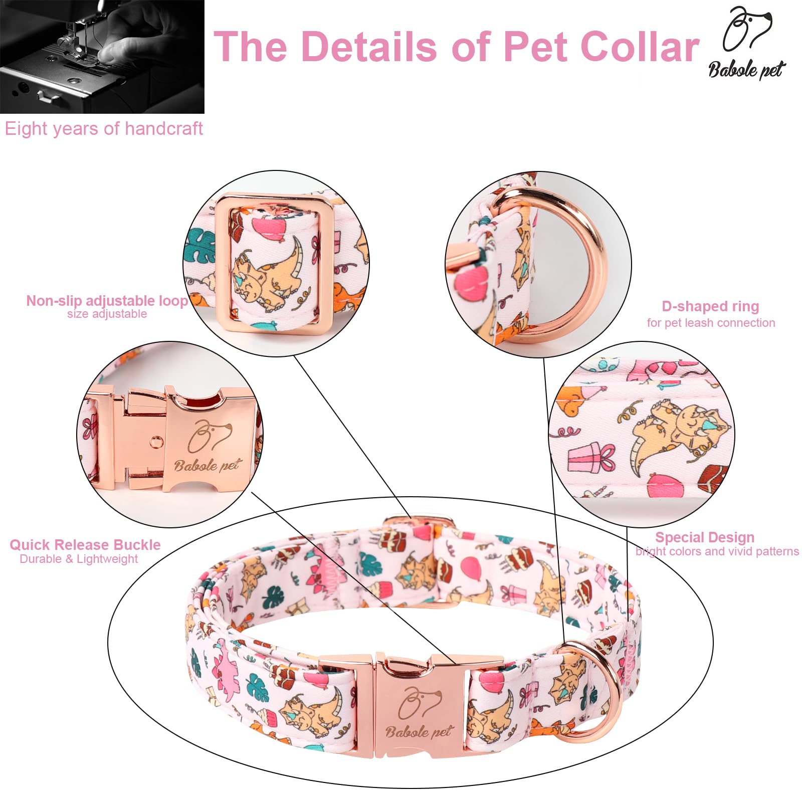 Babole Pet Cute Dinosaur Dog Collar - Adjustable Cartoon Girl Dog Collars For Small Dogs, Heavy Duty Metal Buckle Pet Collar, Pi