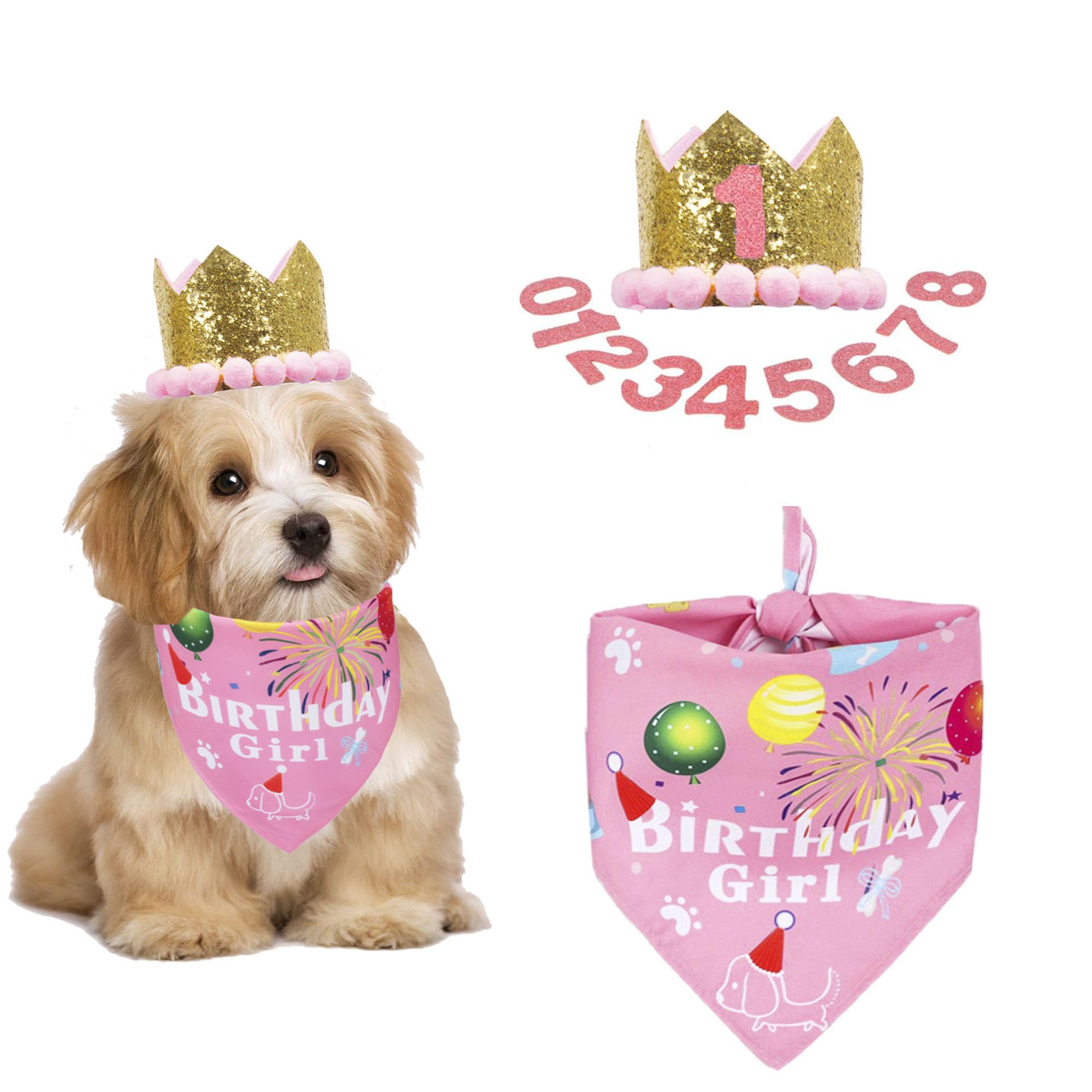 ADOGGYGO Dog Bandana Hat Set for Birthday Party Supply, Boy Girl Puppy Birthday Scarf for Small Dog (Small, Pink)