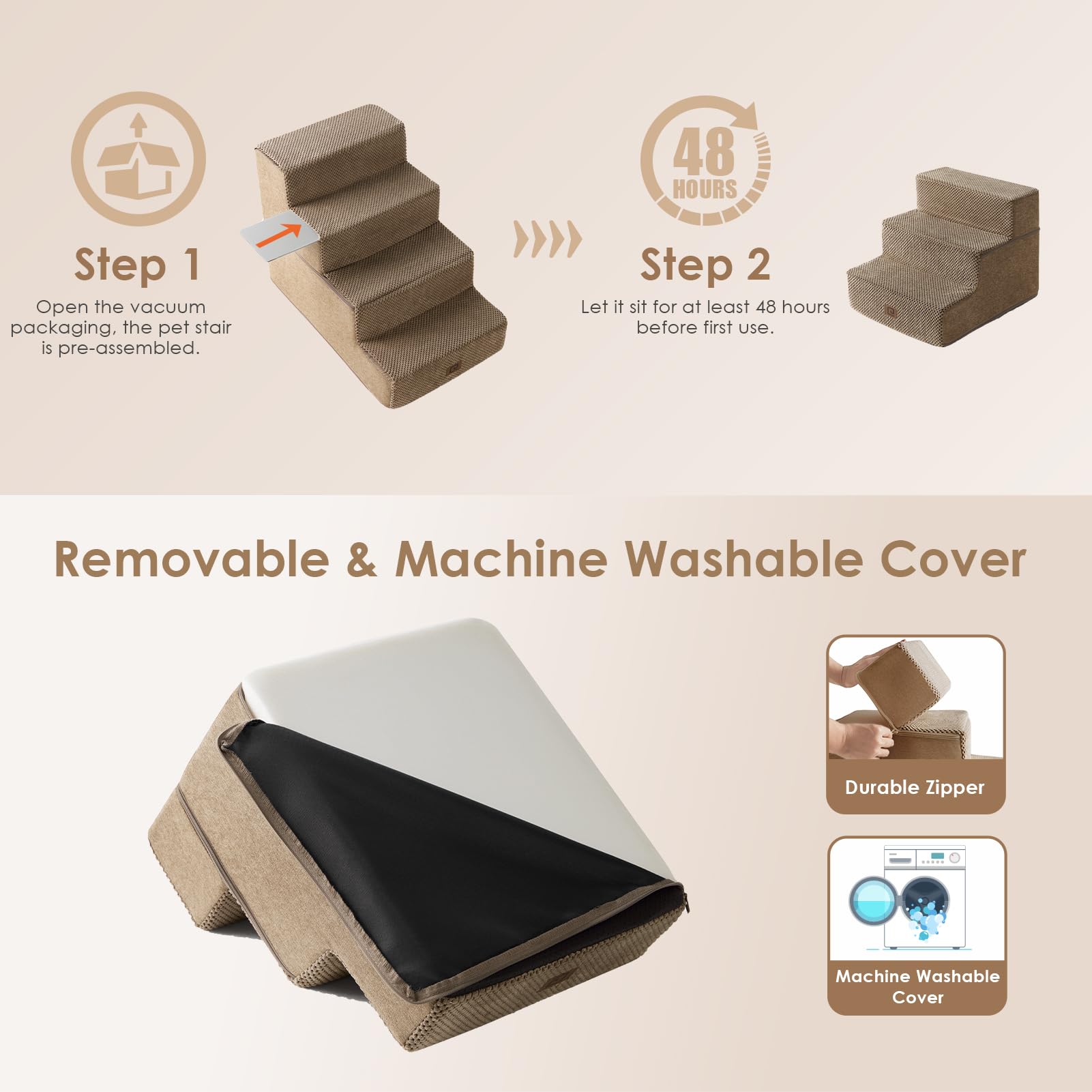 Eheyciga Dog Stairs For Small Dogs 13.5' H, 3-Step Dog Steps For Couch Sofa And Chair, Pet Steps For Small Dogs And Cats, Non-Slip Balanced Dog Indoor Ramp, Camel