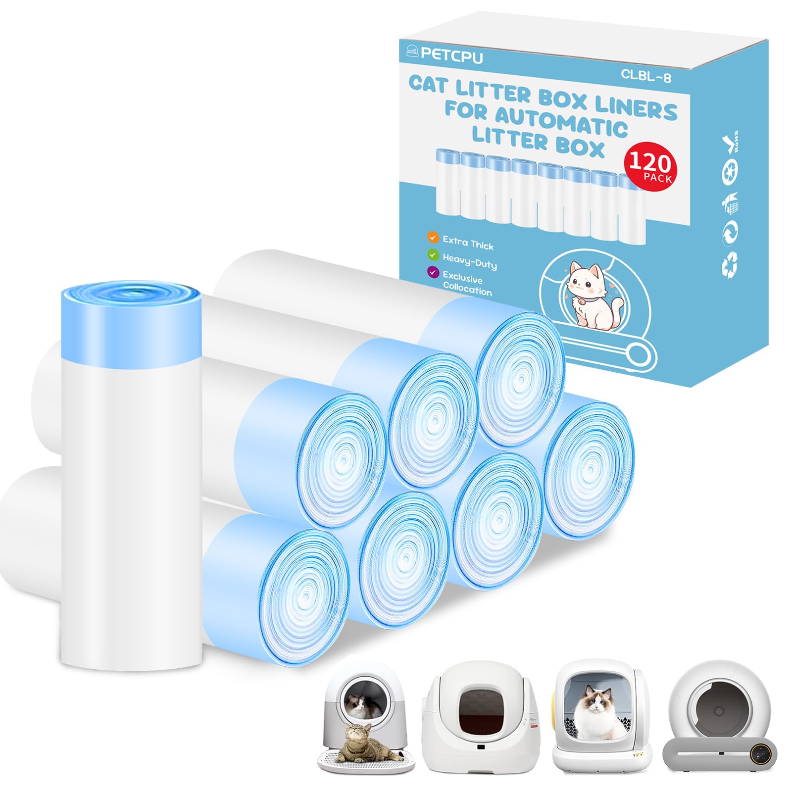 120 Count Cat Litter Box Liners For Self-Cleaning Cat Litter Box, Replacement Kitty Litter Liners, 8 Rolls Drawstring Trash Bags