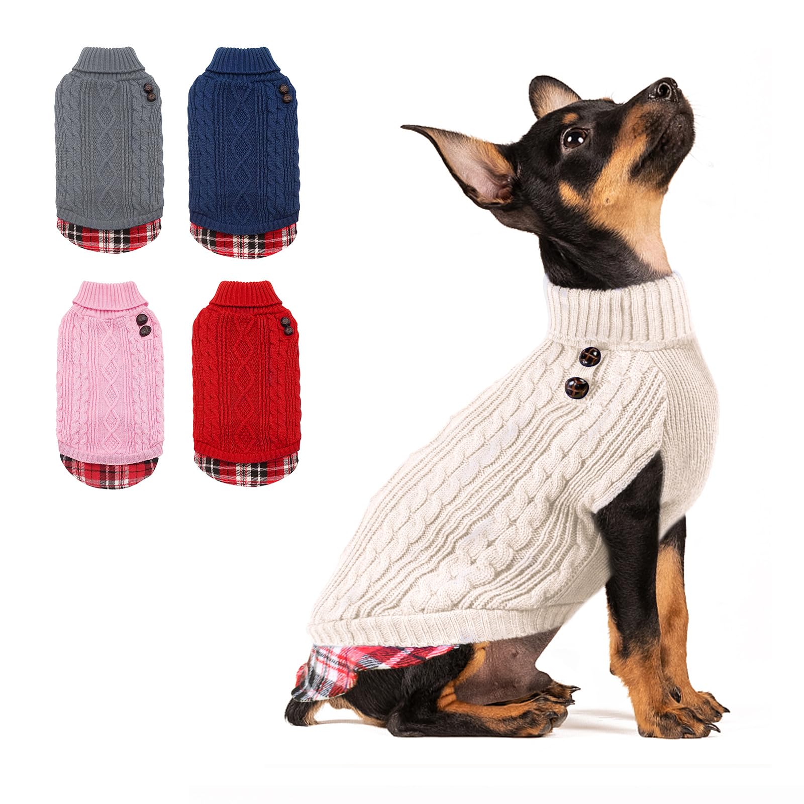 Kyeese Small Dog Sweaters With Leash Hole Doggie Beige Dog Turtleneck Pullover Knitwear Warm Pet Sweater