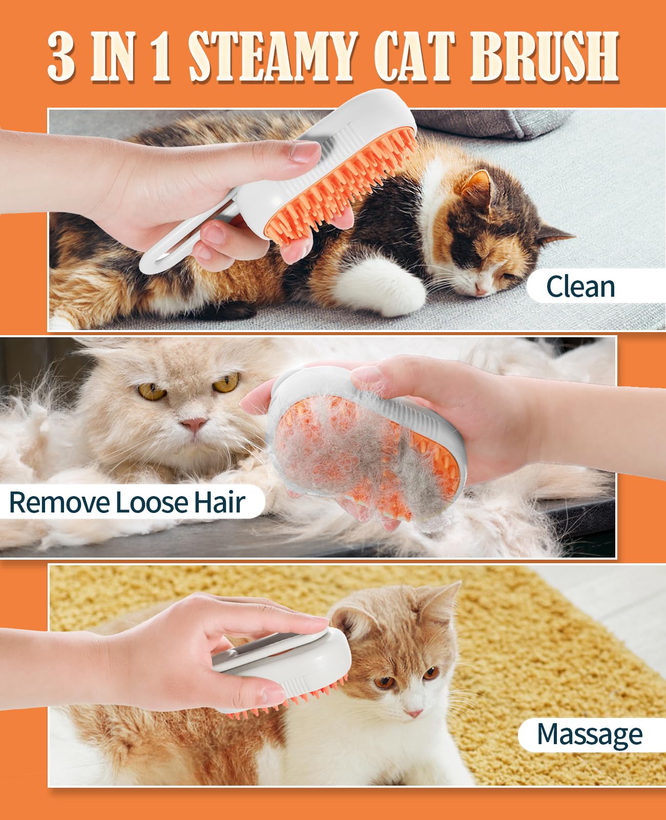 Frelara Cat Steam Brush For Shedding - 3 In 1 Steam Cat Brushes For Grooming And Massage - Adjustable Cat Brush With Steam For D