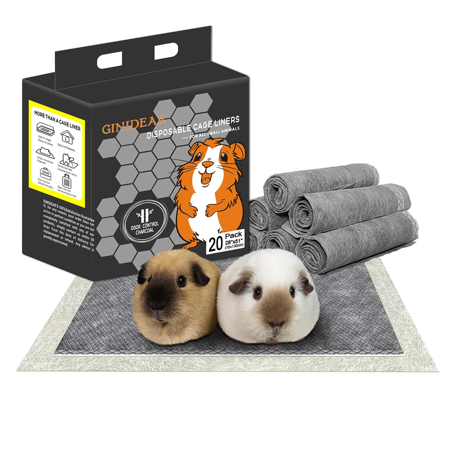 Ginidear Guinea Pig Bedding, Disposable Guinea Pig Cage Liners, Charcoal Odor Controlling Absorbent Waterproof Pee Pads For Rabb