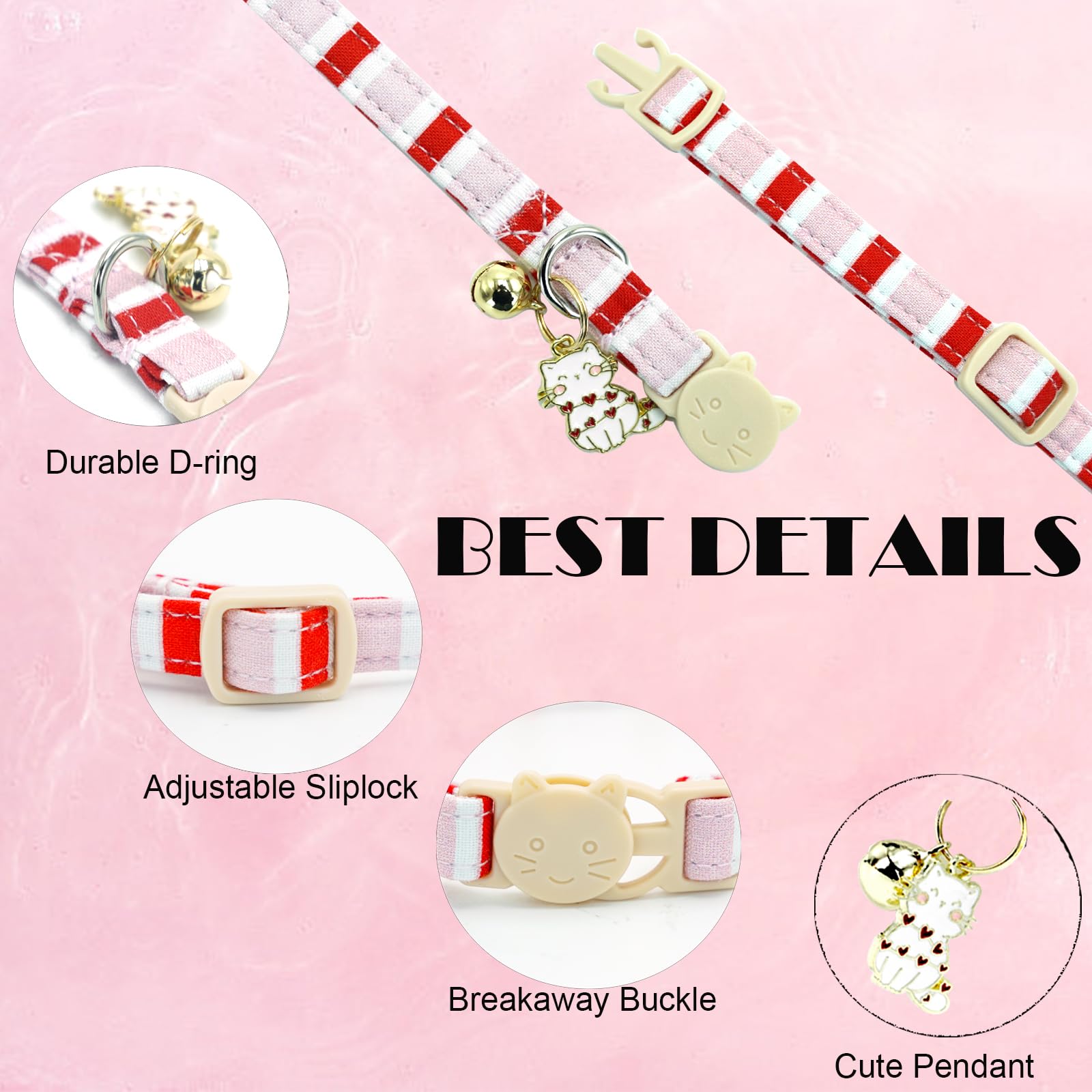 Elegant Little Tail 2 Pack Cat Collar-Pink Strip Cotton Breakaway Cat Collars With Bell Pendant Kitten Girl Cats Safety Adjustab