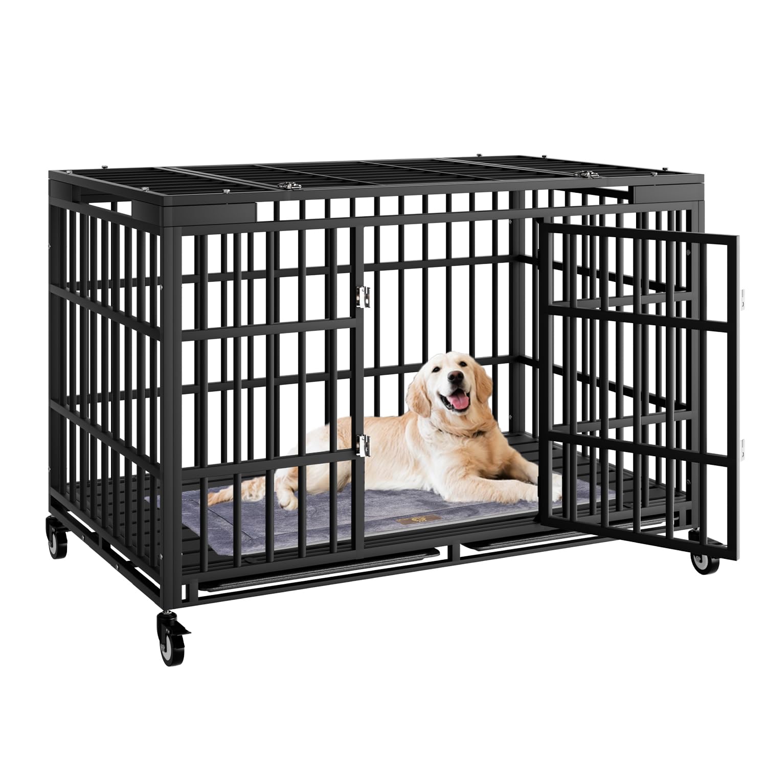 Snuowu 54 Inch Heavy Duty Dog Crate With Wheels,Indestructible Escape-Proof Dog Cage For Large Dogs, Extra Large Xl Xxl Indestru