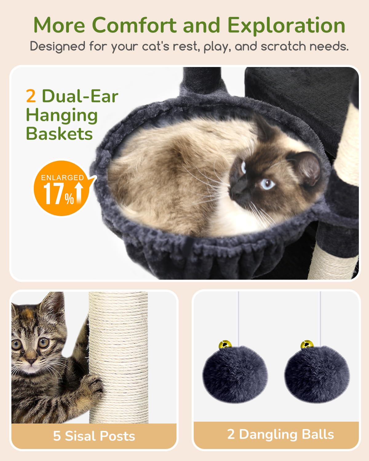 Globlazer S74 Heavy Duty Cat Tree, 74In Sturdy Cat Tower For Large Cats Adult, Big Cat Tree With 5 Sisal Scratching Posts, 2 Pad