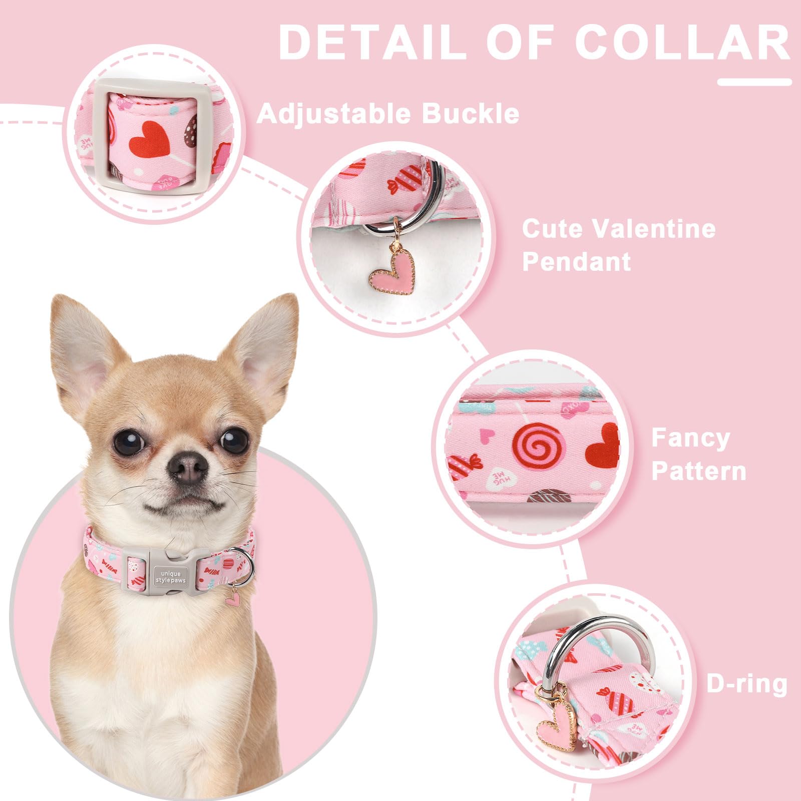 Unique Style Paws Valentine'S Dog Collar - Heart Love Cotton Collar With Plastic Buckle, Adjustable Candy Lollipop Design, Cute