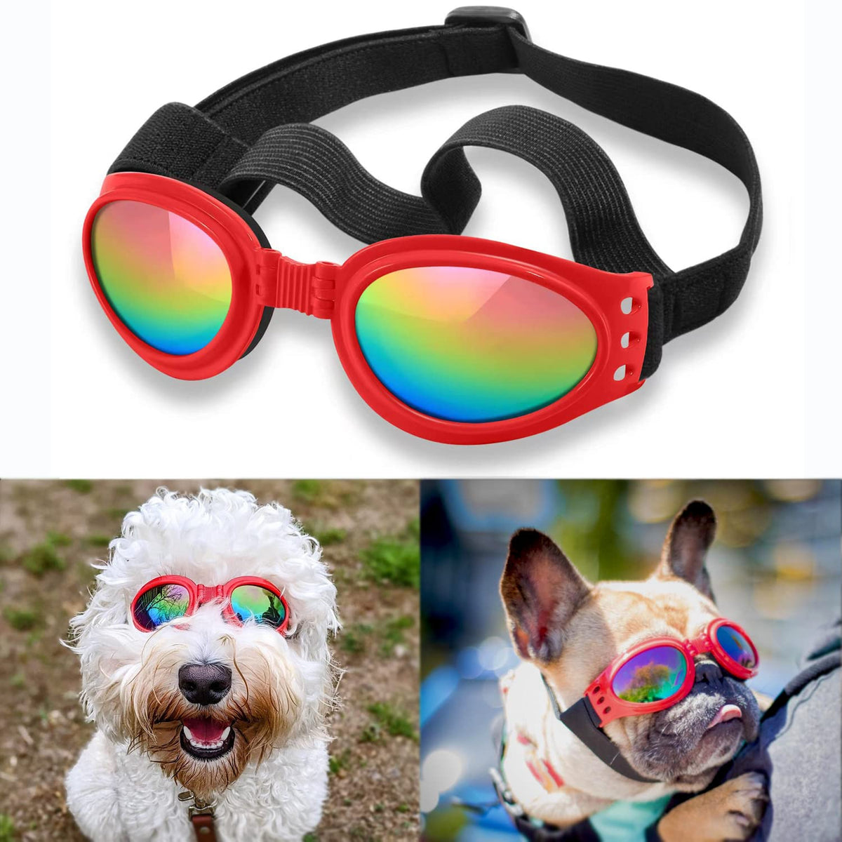 Qumy Dog Sunglasses Dog Goggles For Medium Large Breed Dogs, Wind Dust Fog Protection Eye Wear Pet Glasses With Adjustable Strap For Motorcycle Car Driving Bike Riding Hiking Swimming Over 15Lbs Red