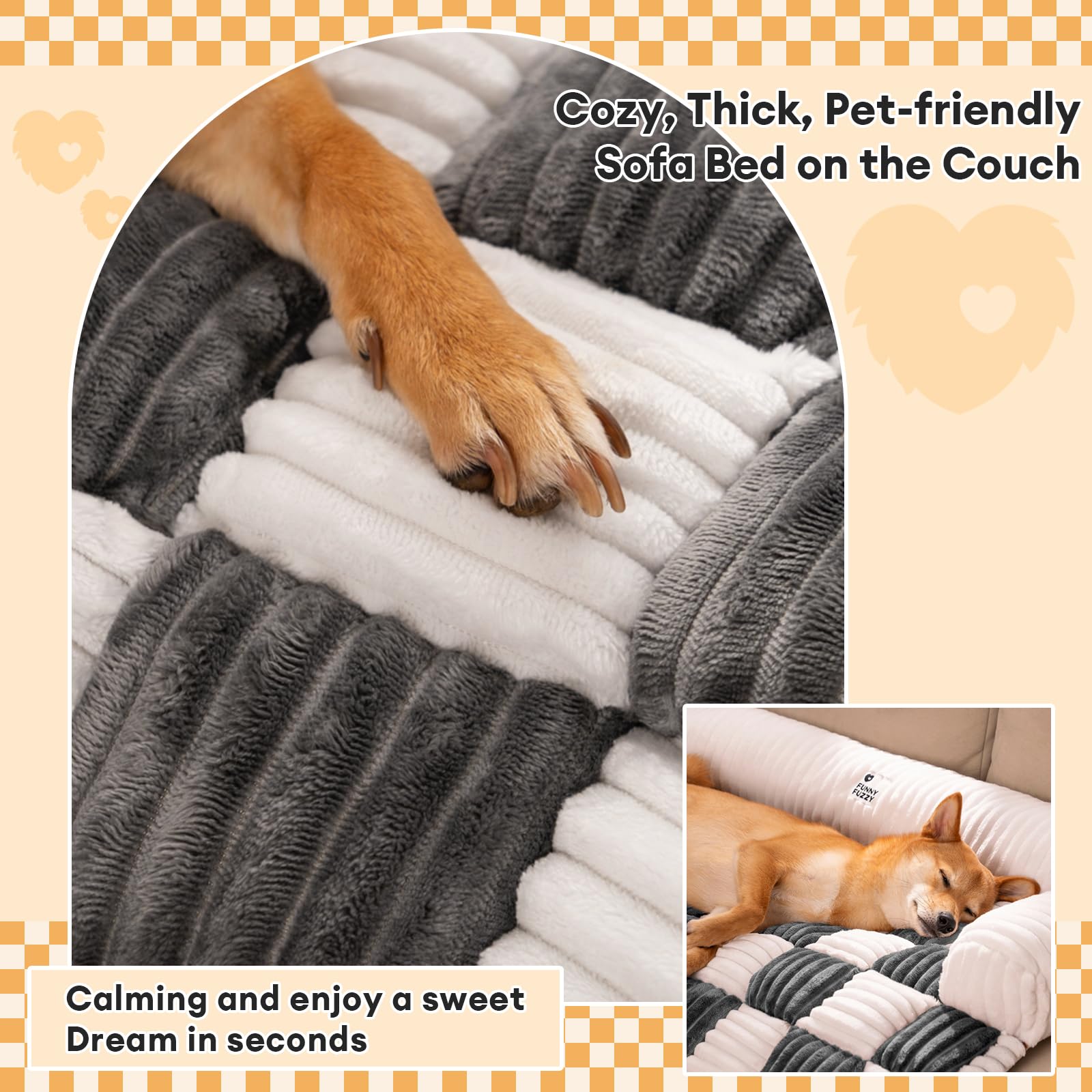 Funny Fuzzy Pet Couch Covers For Sofa, Small Dog Couch Cover Bed Cozy Cream Plaid Washable Pet Mat For Furniture Protector Sofa