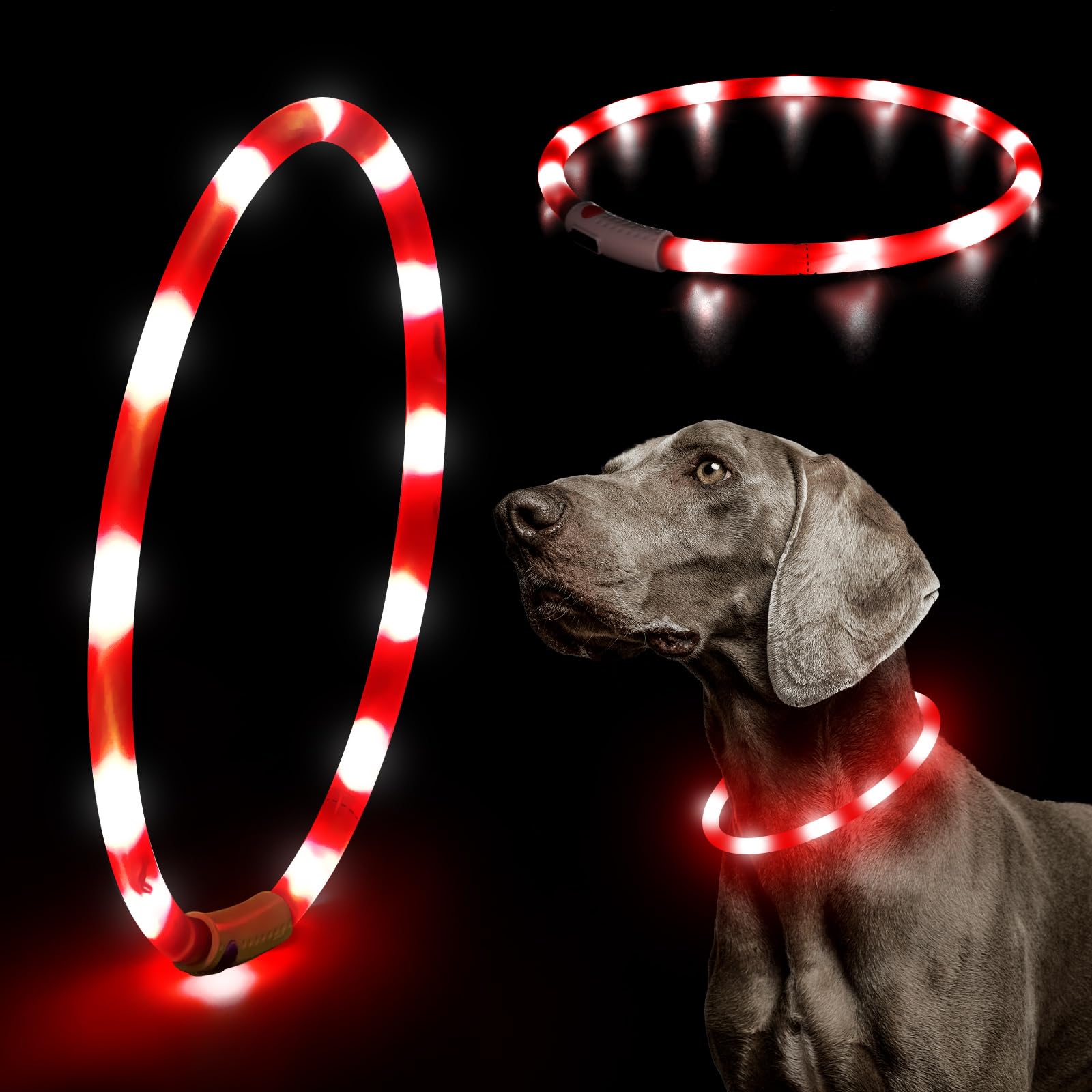 Higo Light Up Dog Collars - Rechargeable Lightweight Glowing Puppy Collar, Silicone Lighted Pet Collar Lights For Night Walking (Red)