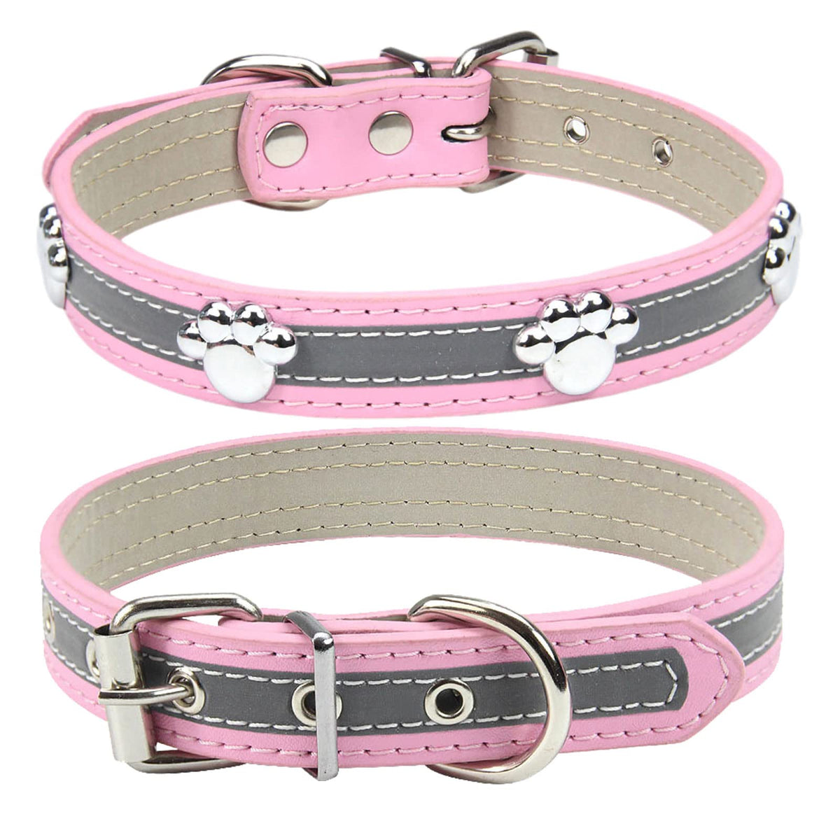 Petcare Reflective Dog Collar With Cute Paw Rivet Studded Funny Soft Pu Leather Adjustable Puppy Dog Collars For Small Medium Large Dogs Cats (Pink,Small)