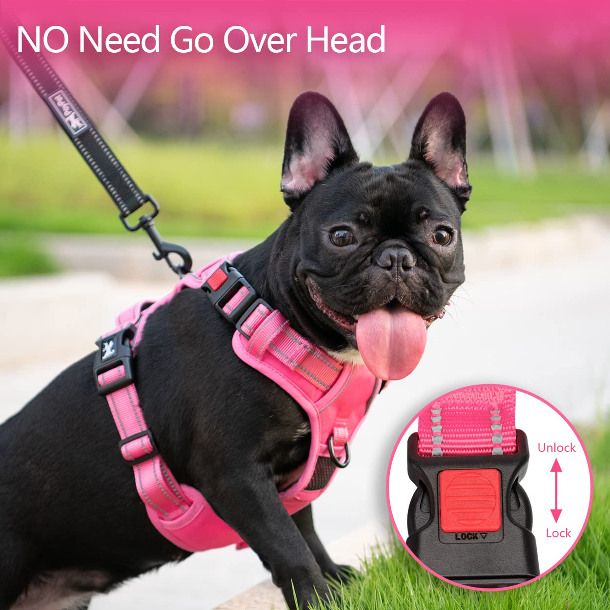 Poypet No Pull Dog Harness, No Choke Reflective Dog Vest, Adjustable Pet Harnesses With Easy Control Padded Handle For Small Medium Large Dogs(Pink Matching Trim,Xs)