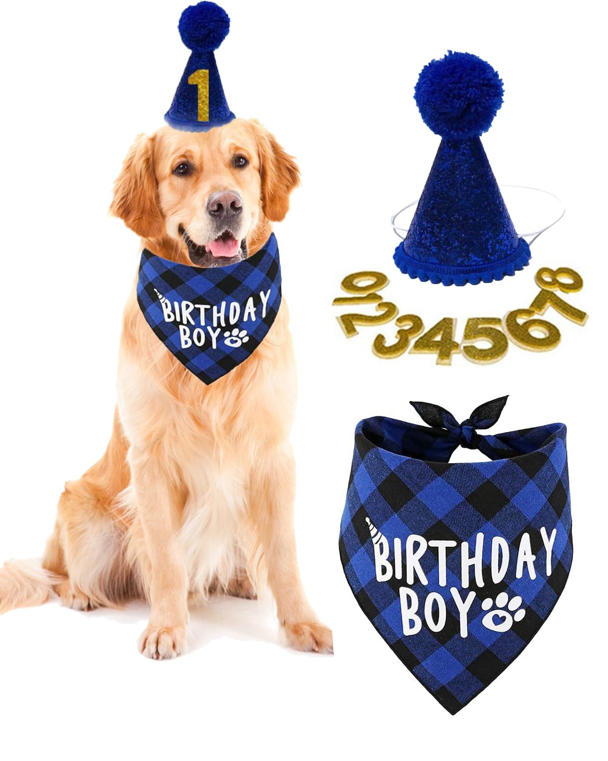 Wentigdy Dog Birthday Party Supplies,Birthday Boy Dog Bandana,Dog Birthday Scarf Hat With Numbers Fits Dogs With Neck Circumfere
