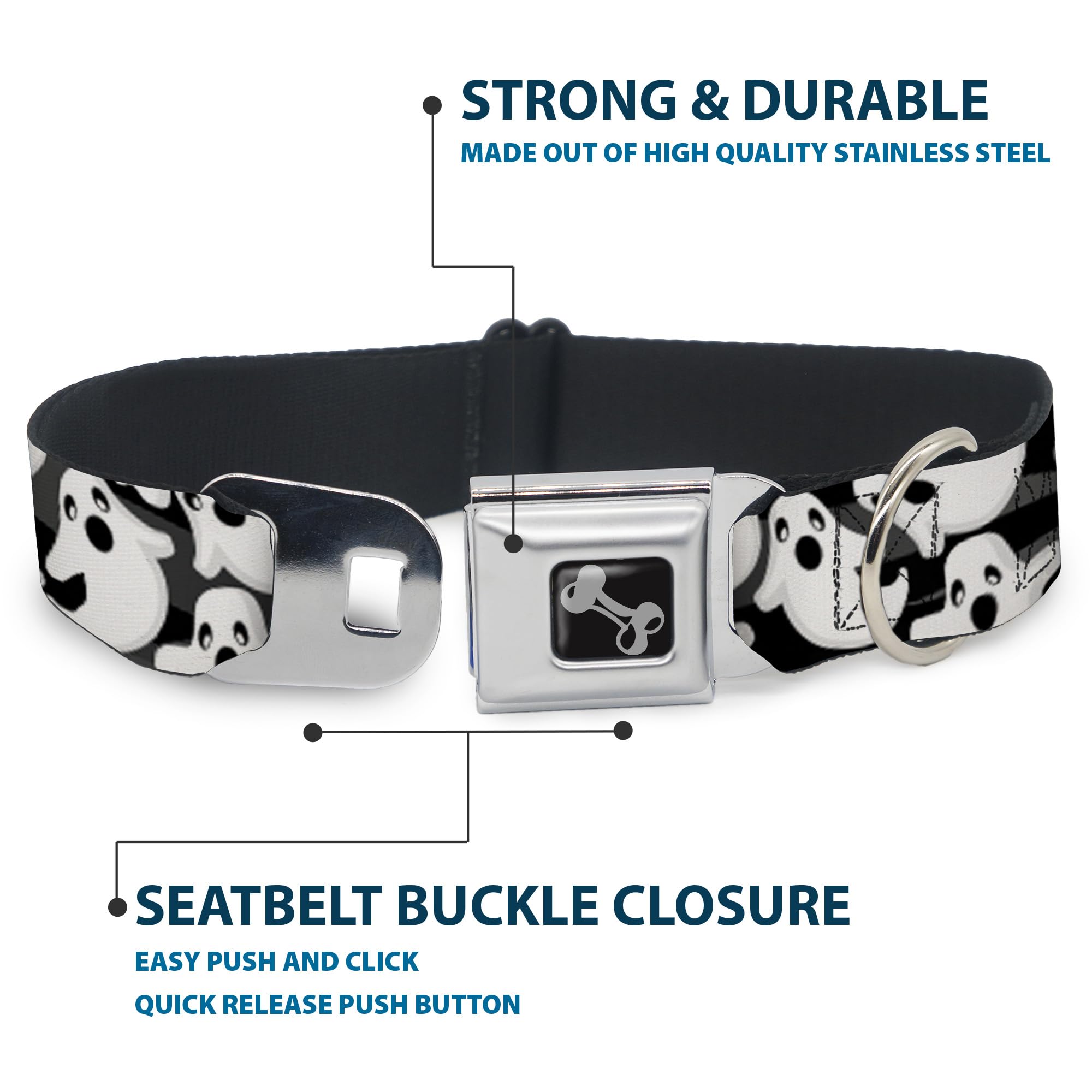 Buckle-Down Dog Collar Seatbelt Buckle Ghosts Scattered Black White 9 To 15 Inches 1.0 Inch Wide, Multicolor, 1'''' Wide - Fits