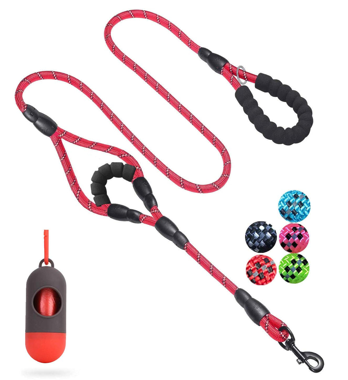 Jsxd Dog Leash,5 Ft Heavy Duty Double Handle Dog Leash With Comfortable Padded And Reflective,Rope Dog Leashes For Small,Medium,Large Dogs (Rope-Red)