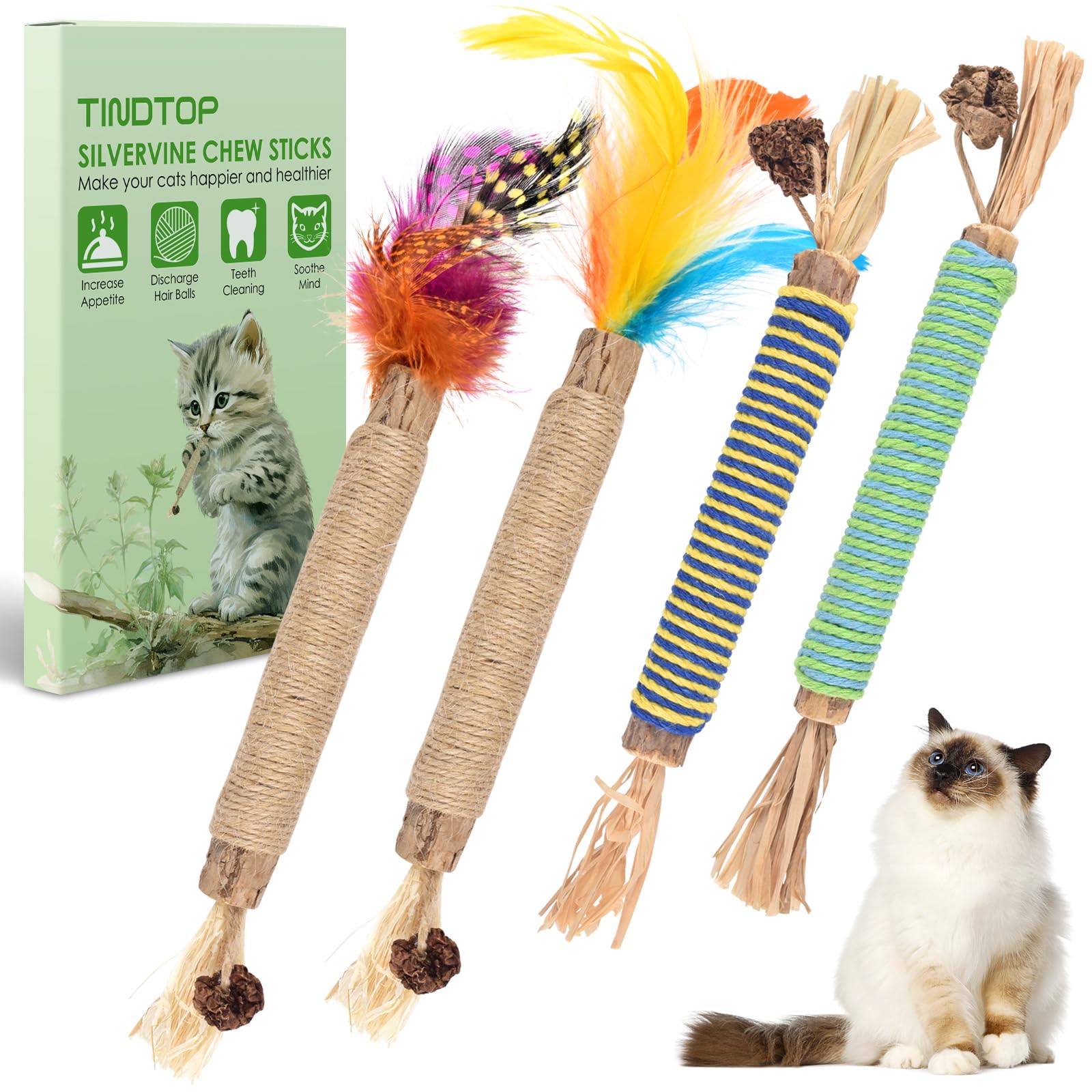 Tindtop Catnip Chew Toys For Cats, 4 Pack Natural Silvervine Sticks For Kittens Teeth Cleaning, Matatabi Dental Care, Increase A