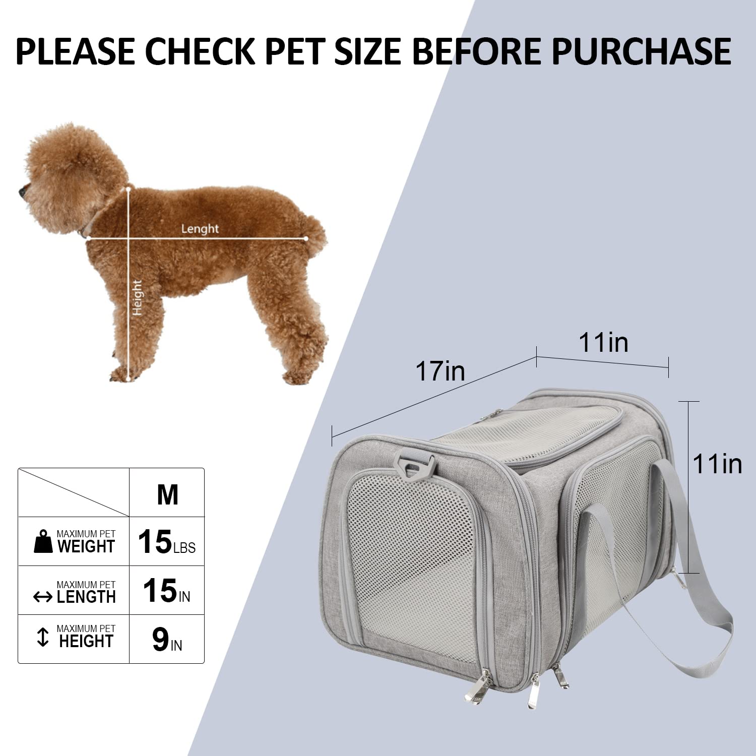 Henkelion Cat, Dog Carrier For Small Medium Cats Puppies Up To 15 Lbs, Tsa Airline Approved Carrier Soft Sided, Collapsible Travel Puppy Carrier - Grey