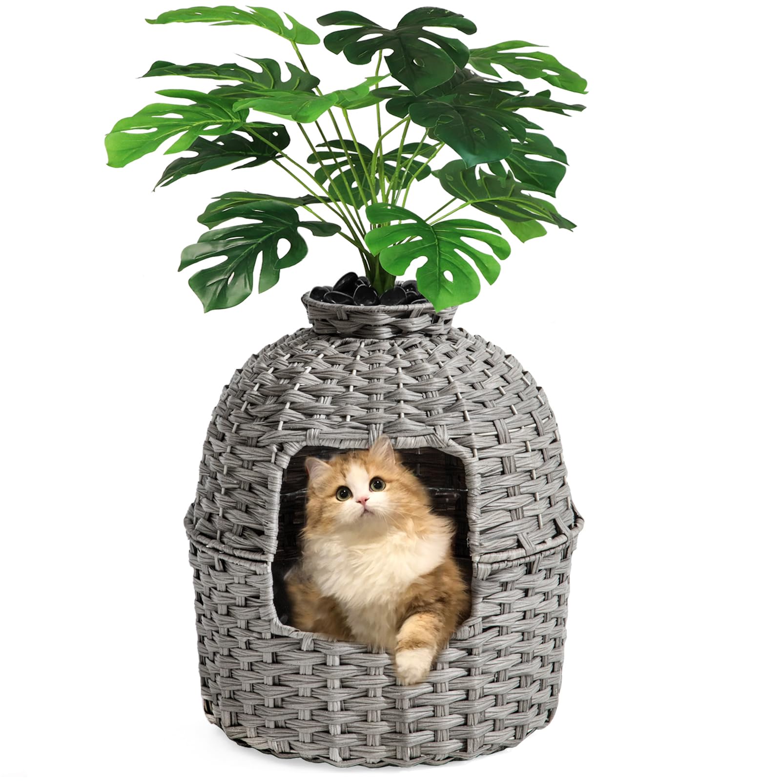 Setvson Cat Litter Box Plant Furniture Hidden Cat Litter Box With Artificial Plants, Handwoven Rattan Cat Litter Box Enclosure W