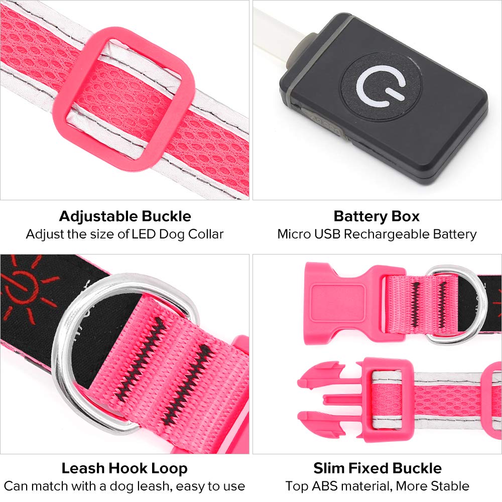 Domagiker Glowing Led Dog Collar - Rechargeable Light Up Dog Collars, Adjustable Lighted Dog Collar, Reflective Dog Glow Collar Walking Lights For Large Dogs (Pink, Large)