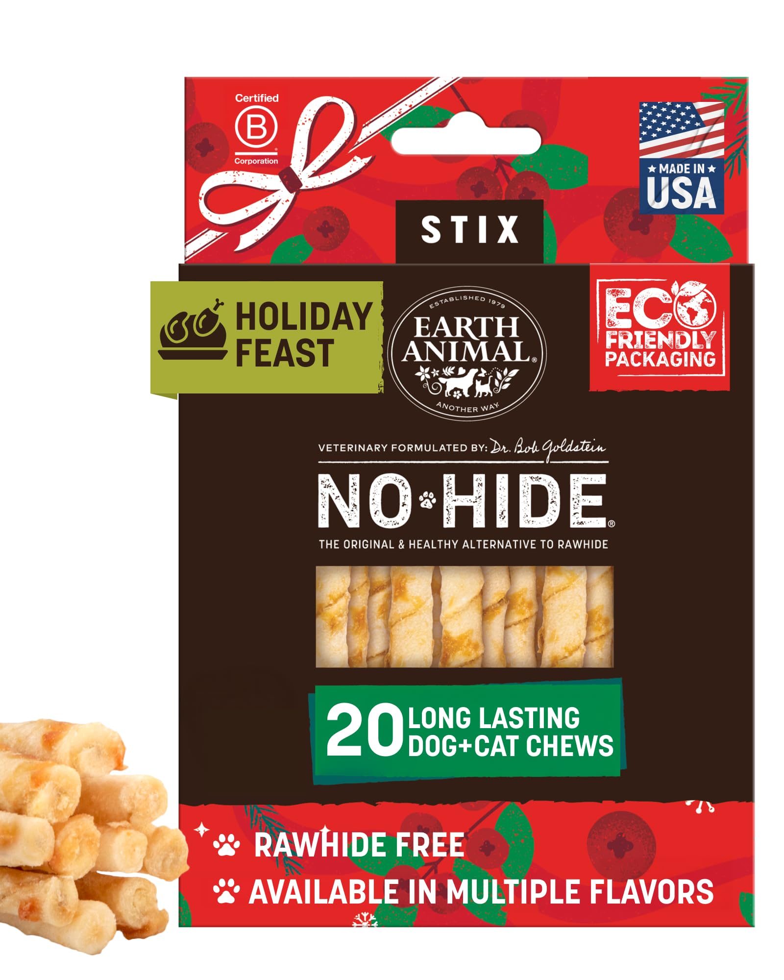Earth Animal No Hide Stix - Long Lasting Rawhide Free Small Dog Chews Sticks, Holiday Feast - 20 Count Value Pack