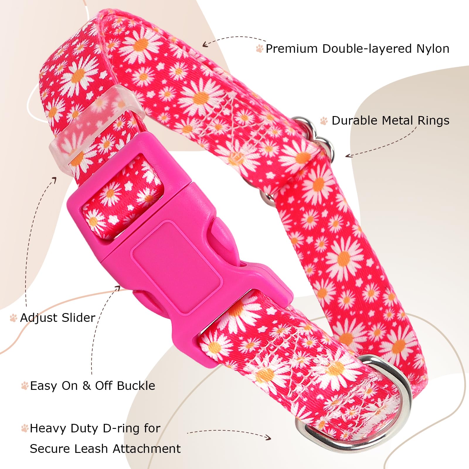 Pink Dog Collars For Medium Dogs, Cute Girl Hot Pink Daisy Dog Collar, Adjustable Nylon Comfy Soft Pet Collar With Quick-Release