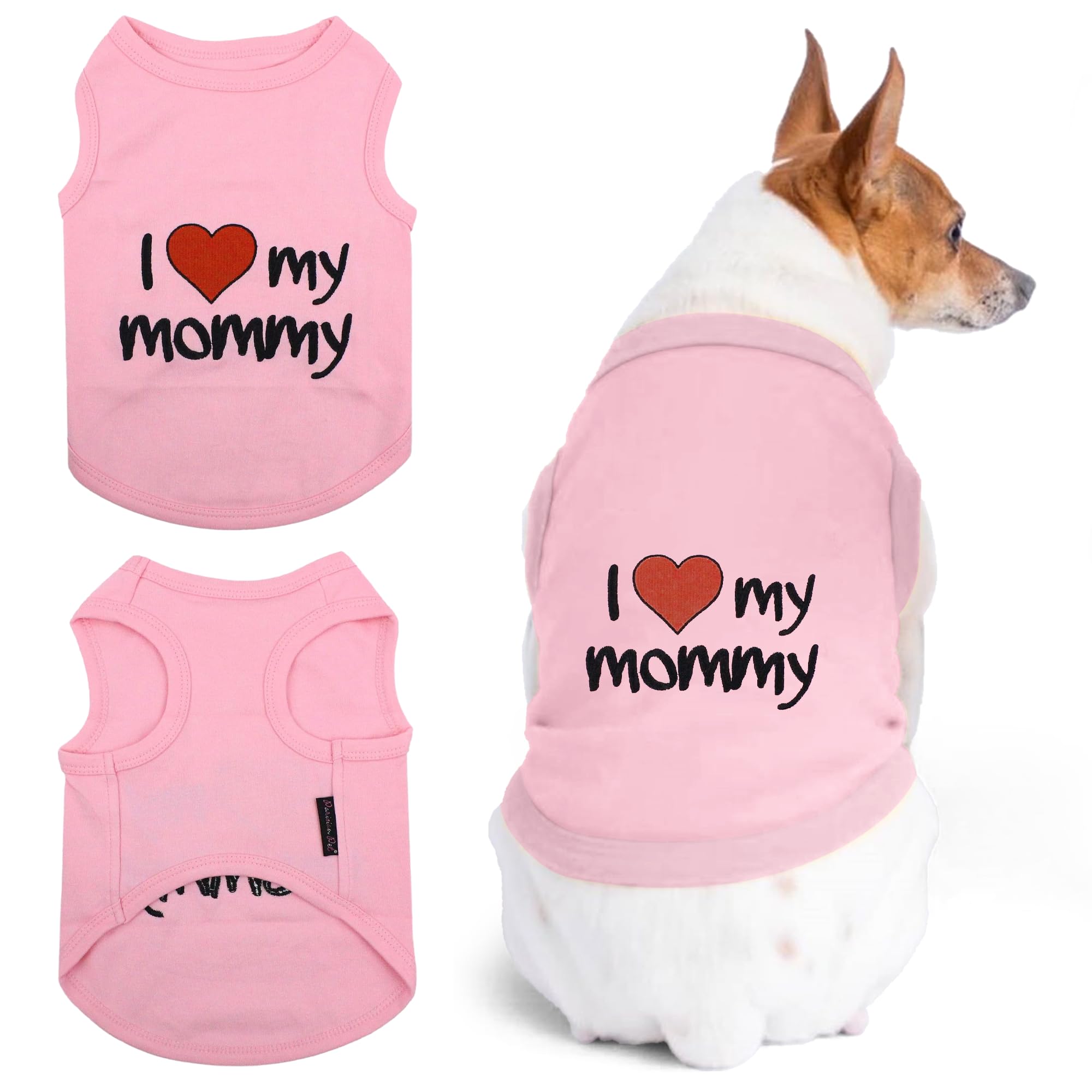 Parisian Pet Dog T-Shirt With Embroidered 'I Love My Mommy' Words - 100% Cotton, Pink Dog Clothes - Sleeveless Pet Vest - Machine Washable Dog Shirt For Large Dogs, 3Xl