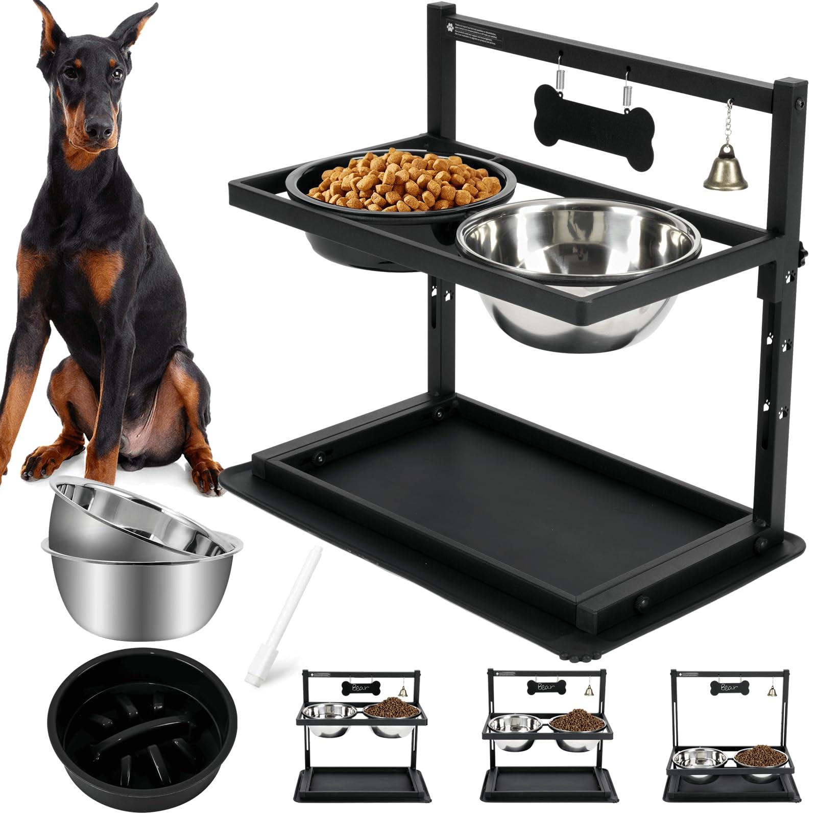 Elevated Slow Feeder Bowls For Large Dogs - Adjustable Height, 2 Stainless Steel Bowls, Spill-Proof Mat - Great For Medium Dogs 