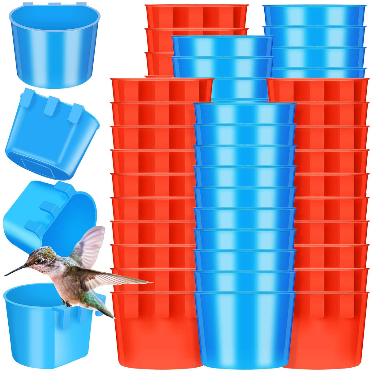 100 Pcs Cage Cup Bird Cage Feeder Chicken Feeding Bowl Hanging Food And Water Coop Cups For Pet Parrot Quail Parakeet Poultry Pigeon Rooster Supplies, Red And Blue