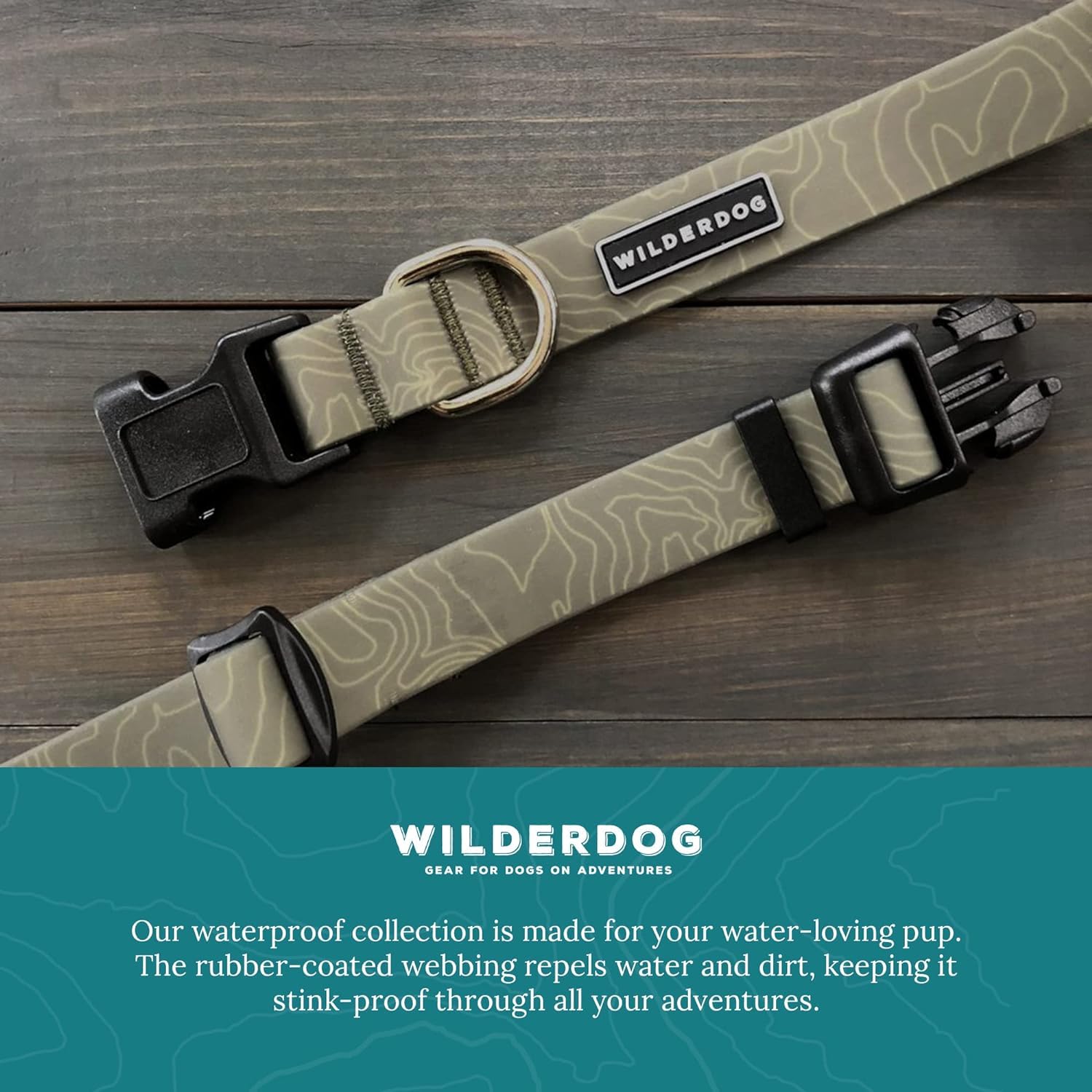 Wilderdog Waterproof Dog Collar- Repels Water & Dirt - Large 17''-24'' - Olive