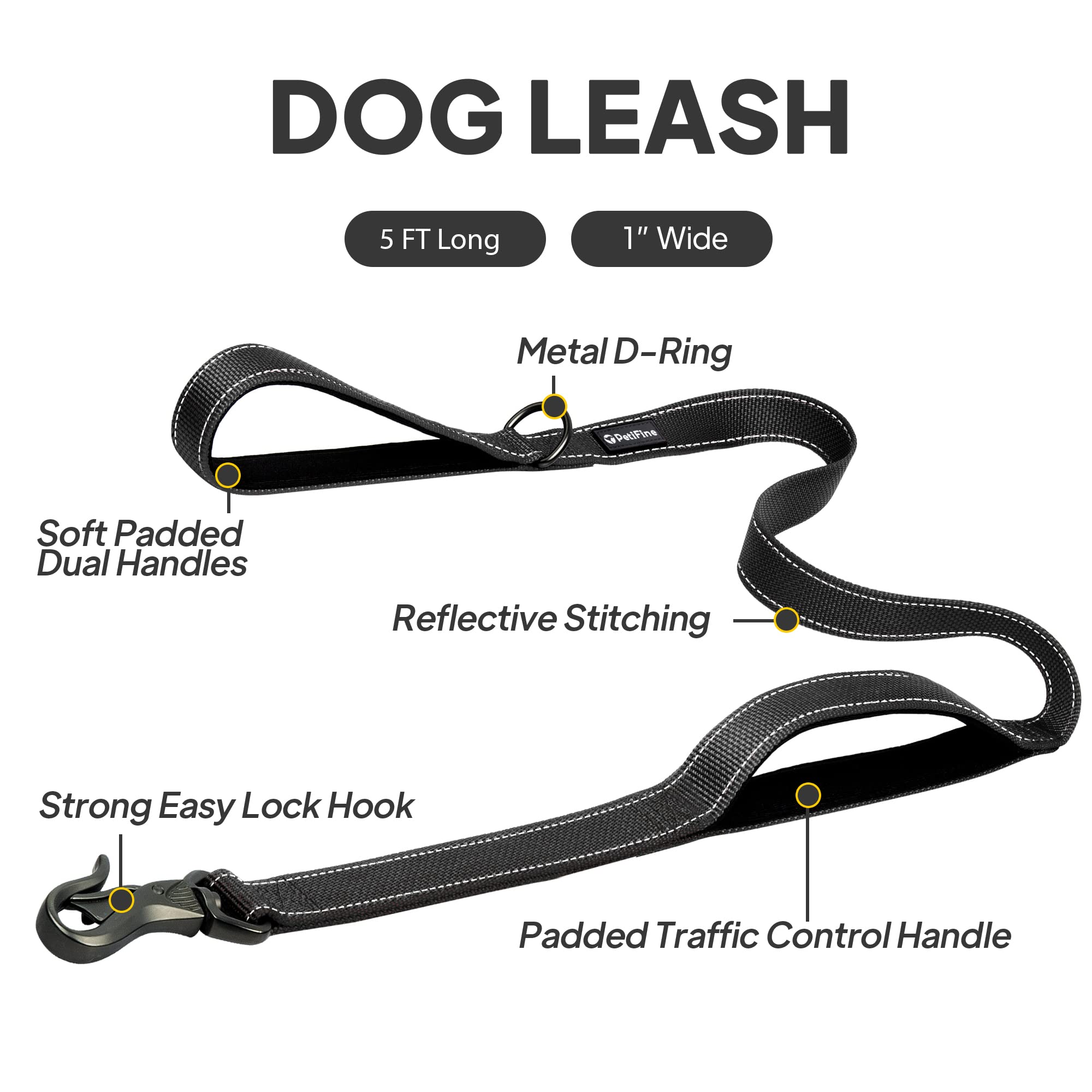 Petifine 5Ft Heavy Duty Dog Leash With Soft Padded Double Handle, Durable Strong Clasp Dog Leashes, Reflective Nylon Walking Lead For Large,Medium,Small Breed Dogs, Black
