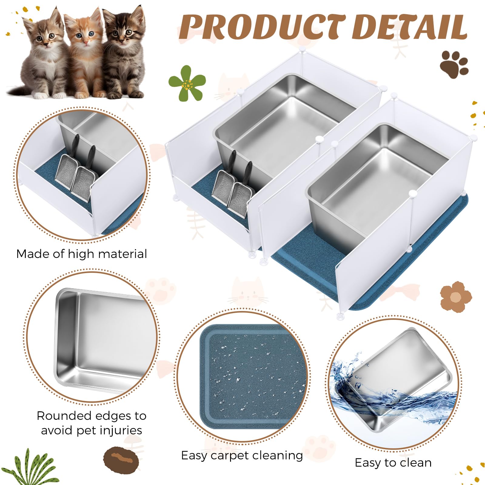 Tioncy 3 Sets Extra Large Stainless Steel Cat Litter Box 23.6 x 15.7 x 8 Inch Include Metal Trash Pan Mats Splash Guard High Sid