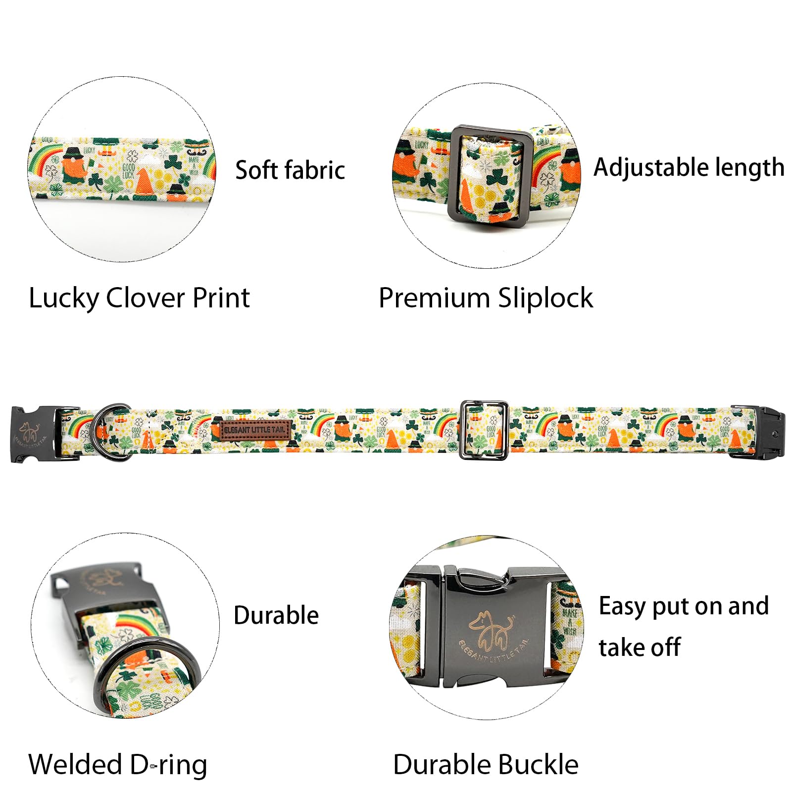 Elegant Little Tail Lucky Colver St. Patrick's Day Adjustable Dog Collar for Medium Dogs