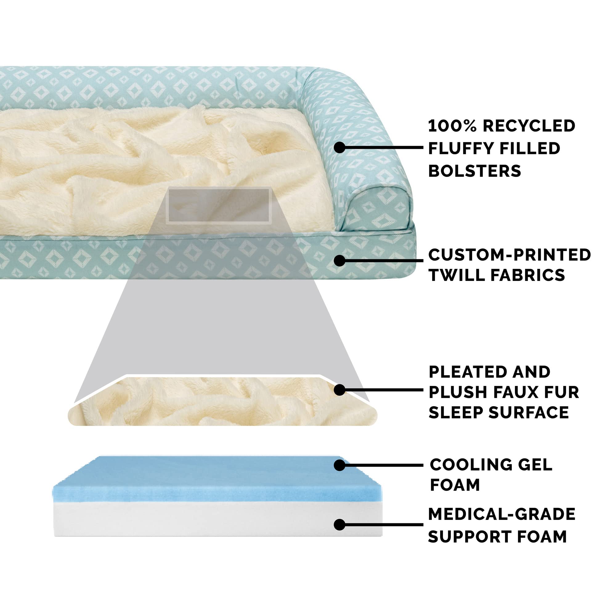 Furhaven Cooling Gel Dog Bed for Large Dogs w/ Removable Bolsters & Washable Cover, For Dogs Up to 95 lbs - Plush & Diamond Prin