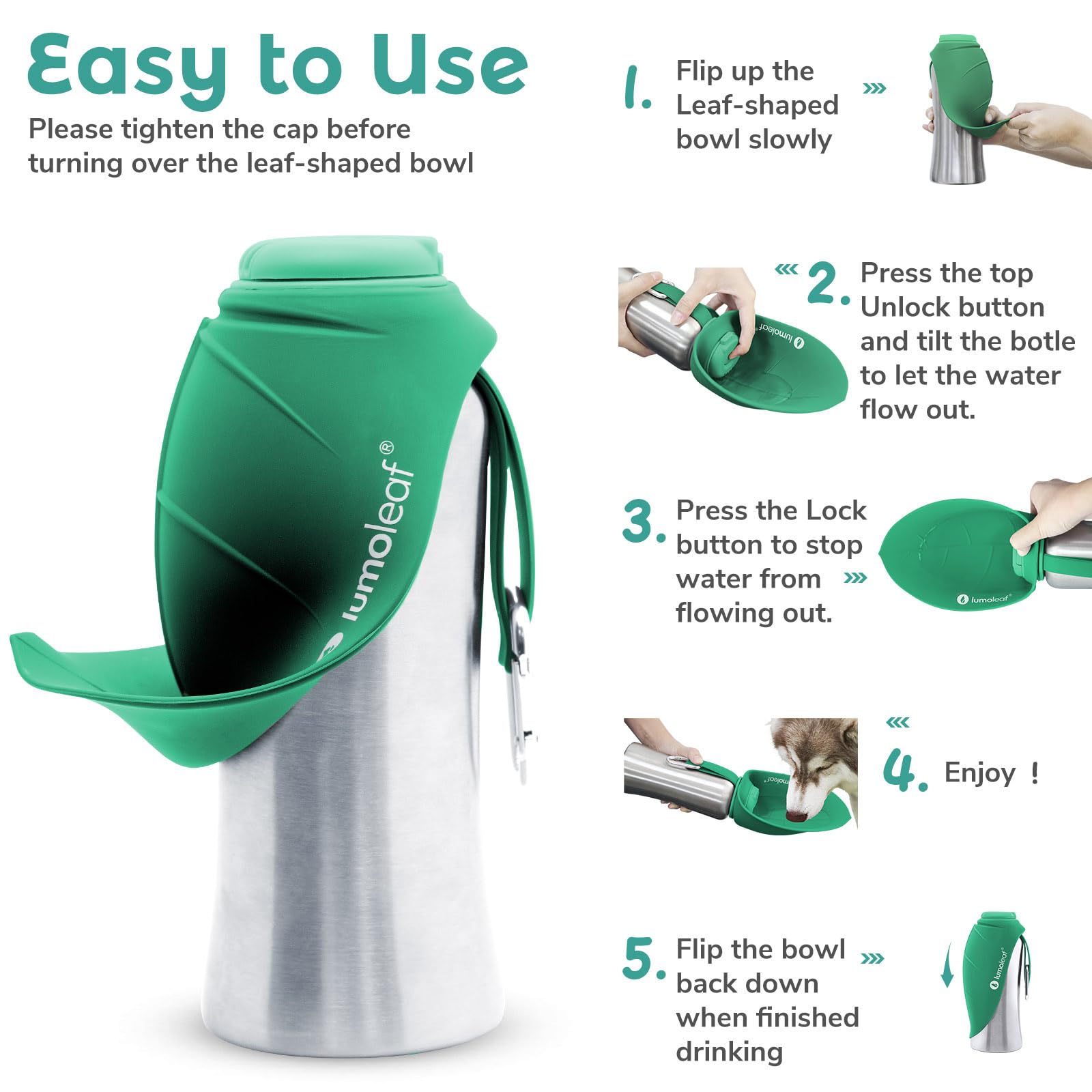 LumoLeaf Portable Dog Water Bottle 27oz - Stainless Steel Dispenser for Large Dogs, Green, Model LLDWB27B