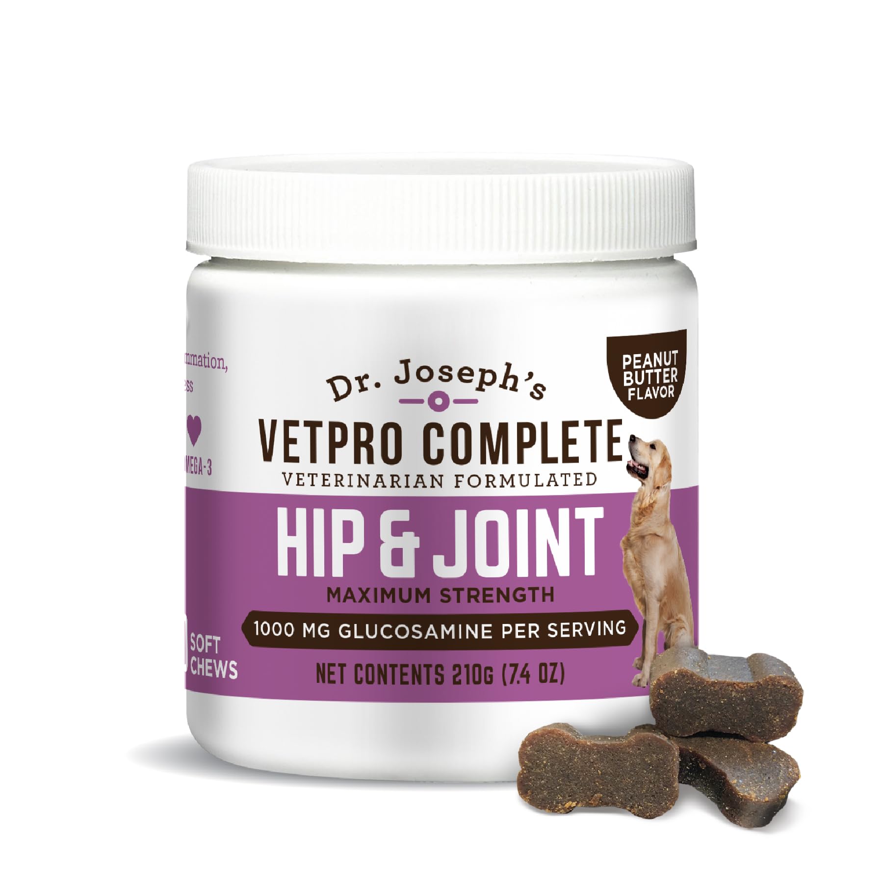 VetPro Complete Dr. Josephs Peanut Butter Hip and Joint Dog Chews, 60 Count, Pain and Inflammation Relief with Glucosamine, Cho