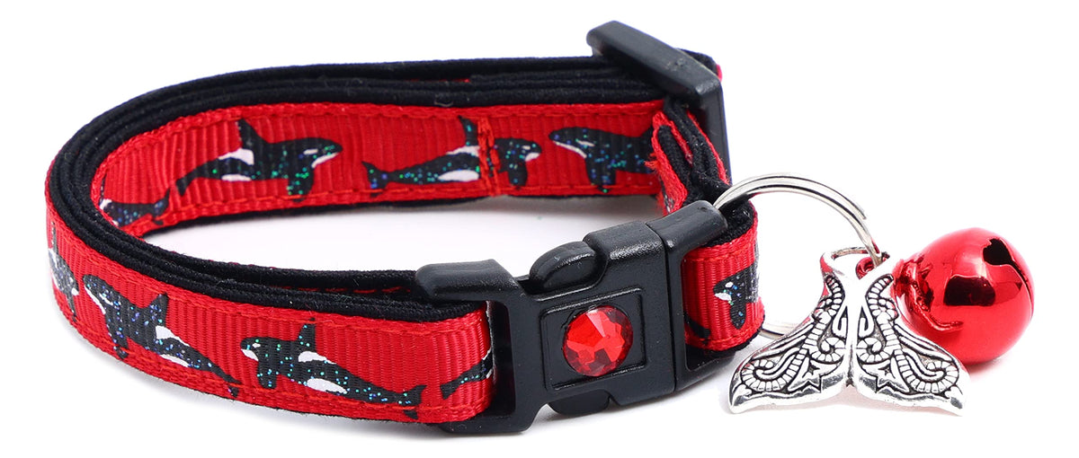 Orca Whales On Red Cat Collar - Safety - Breakaway - Charm And Bell - Pugs2Persians (Small(10Lbs & Less), Red)